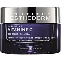 Dark purple Esthederm Intensive Vitamine C Creme jar with silver lid and white text detailing anti-aging benefits.