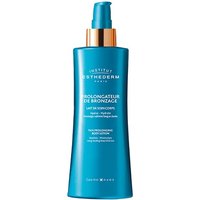 Blue Esthederm after sun body milk bottle with gold pump, white text, 250 ml capacity.
