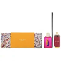 Pink Etro Afrodite diffuser with gold cap, black reed sticks, and paisley-patterned box.