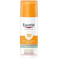 Eucerin Gel Cream Oil Control Colour Medium SPF50+ in white bottle with orange cap, 50ml, labeled "Oil Control Tinted."