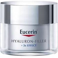 Eucerin Hyaluron-Filler Night Cream 50 ml in a silver jar with a metallic lid and blue text detailing.