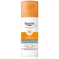 Eucerin Sun Gel Creme Oil Control SPF50, 50ml, white bottle with orange cap and label, dry touch formula.