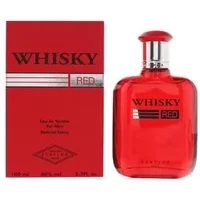 Red Evaflor Whisky Red Eau De Toilette bottle with matching box, featuring bold black text and a sleek silver cap.