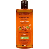 Evoluderm Argan Divin Nourishing Shampoo 400ml, amber bottle with argan illustrations and orange label.