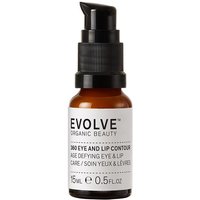 Evolve Beauty 360 Eye and Lip Contour 15ml in amber bottle with black pump and white label detailing product info.