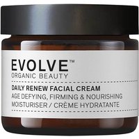 Evolve Beauty Daily Renew Facial Cream in a brown jar with a white label, 60ml size, featuring black text.