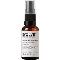 Evolve Beauty Hyaluronic Serum 200, 30ml amber bottle with black pump and white label detailing product information.