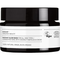 Black jar of Evolve Beauty Radiant Glow 2-in-1 Mask Scrub, white label with text and vegan certification logos.