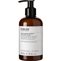 Brown pump bottle of Evolve Organic Beauty African Orange Aromatic Lotion, 250ml, with white label and black text.