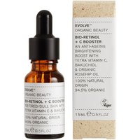 Amber dropper bottle with white label, next to box labeled "Evolve Organic Beauty Bio-Retinol + C Booster 15ml."