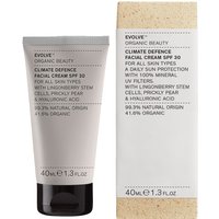 Evolve Organic Beauty Climate Defence SPF 30, 40ml tube, white with black cap, next to beige box with text.