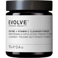 Evolve Beauty Enzyme + Vitamin C Cleanser Powder in a white jar with black lid, 70g label in black text.