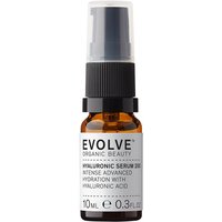 Amber bottle with black pump dispenser labeled "Evolve Organic Beauty Hyaluronic Serum 200" 10ml.