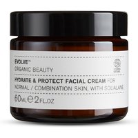 Brown glass jar with white label, Evolve Organic Beauty Hydrate & Protect Facial Cream, 60ml, black screw cap.