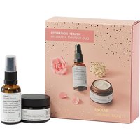 Evolve Beauty Hydration Heaven set with spray bottle and cream jar in pink speckled box with floral design.