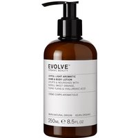 Brown bottle with black pump, white label reads "Evolve Organic Beauty Joyful Light Aromatic Hand & Body Lotion 250ml".