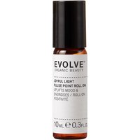 Amber glass roller bottle with black cap, labeled "Evolve Organic Beauty Joyful Light Pulse Point Roller 10ml."