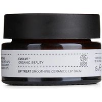 Brown glass jar with black lid labeled "Evolve Organic Beauty Lip Treat 15ml" in white text.