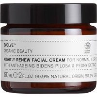 Brown glass jar with white label, black lid, text reads "Evolve Organic Beauty Nightly Renew Facial Cream 60ml".