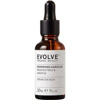 Amber dropper bottle labeled "Evolve Organic Beauty Nourishing Hair Elixir 30ml" with black cap.