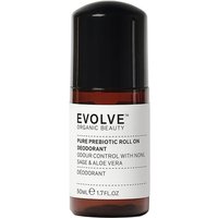 Brown cylindrical bottle with black cap, Evolve Organic Beauty Pure Prebiotic Roll On Deodorant label in white.