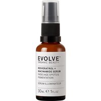 Brown glass bottle with black pump, white label reading "Evolve Organic Beauty Resveratrol + Niacinamide Serum 30ml".