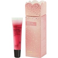 Pink Evolve Organic Beauty Sweet Kiss Lip Balm tube with black cap, next to matching pink box with scalloped top.