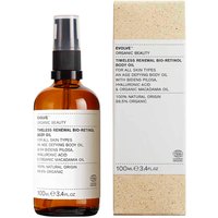 Evolve Beauty body oil in amber bottle with black pump, white label, next to beige box with product details.