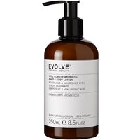 Brown bottle with black pump, Evolve Organic Beauty Vital Clarity Aromatic Hand & Body Lotion label, 250ml.