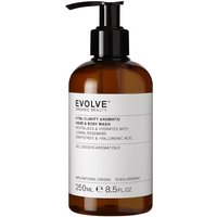 Brown bottle with black pump, white label reading "Evolve Organic Beauty Vital Clarity Aromatic Hand & Body Wash 250ml."