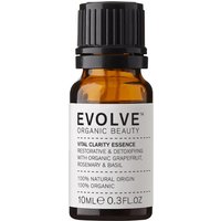 Amber glass bottle with black cap, labeled "Evolve Organic Beauty Vital Clarity Essence 10ml" with white text.