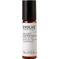 Brown glass roller bottle with black cap, labeled "Evolve Organic Beauty Vital Clarity Pulse Point Roller 10ml."