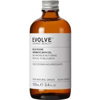 Amber glass bottle of Evolve Organic Beauty Wild Divine Aromatic Bath Oil with silver cap and white label, 100ml.