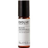 Brown glass bottle with black cap, labeled "Evolve Organic Beauty Wild Divine Pulse Point Roller 10ml."