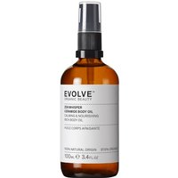 Amber bottle of Evolve Zen Whisper Ceramide Body Oil 100ml with black spray cap and white label.
