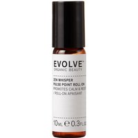 Brown glass bottle with black cap, labeled "Evolve Organic Beauty Zen Whisper Pulse Point Roller 10ml" in white text.