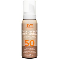 Evy Daily Defense Mousse SPF50, beige bottle with orange text, 75ml, blue light and sun protection for all skin types.