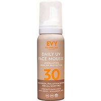 Evy Daily UV Face Mousse SPF30, 75ml beige bottle with orange text and white cap.