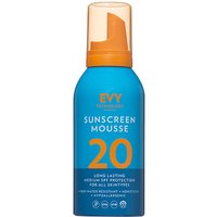 Blue Evy Sunscreen Mousse SPF20 bottle with orange cap and bold yellow "20" text.
