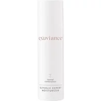 White cylindrical bottle of Exuviance Glycolic Expert Moisturiser 50ml with silver lettering and minimalist design.