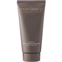 Exuviance Triple Microdermabrasion Face Polish, 75g, in a sleek brown tube with white text and flip-top cap.