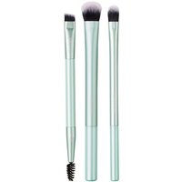 Mint green TRUYU Eye & Brow Trio with angled brush, blending brush, and spoolie brush for precise makeup application.