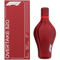 Red F1 Parfums Overtake 320 Eau De Toilette 75ml with sleek, curved bottle and matching box featuring white text.