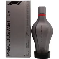 F1 Parfums Precious Mettle Eau De Toilette 75ml, sleek silver bottle with red accent, next to matching box.