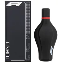 F1 Parfums Turn 1 Eau De Toilette 75ml, black curvy bottle with red stripe, next to sleek black box with white text