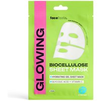 Face Facts Biocellulose Mask in bright green packaging with "Glowing" text and mask illustration.