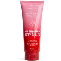 Pink and red tube of Face Facts Cherry Bliss Niacinamide Brightening Body Lotion, 150 ml, with cherry graphics.