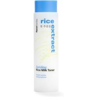 White Face Facts Rice Milk Toner bottle with blue cap, 150 ml, featuring rice extract text and minimalist design.