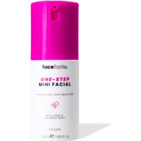 White and pink Face Facts Tinted Skincare bottle, 50 ml, with pump dispenser and "One Step Mini Facial" text.
