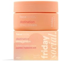 Peach-colored Face Facts Friday Social Destination Dewy Cream jar on matching box, 50 g size.